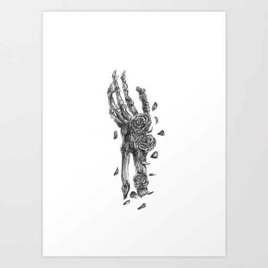 Skeleton Hand Embellished With Flowers Black and White Art Print