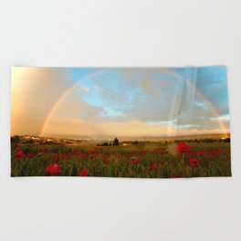 Red poppy fields of Tuscany with rainbow after storm color photographic art print photography / photography for kitchen, dining room, home and wall decor Beach Towel