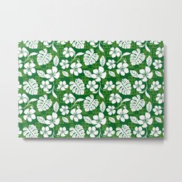 Green and White Aloha Hawaiian Flower Blooms and Tropical Leaves Pattern Metal Print