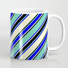 [ Thumbnail: Aquamarine, Blue, Light Yellow & Black Colored Lined Pattern Coffee Mug ]