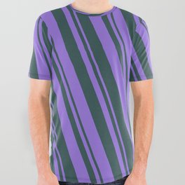 [ Thumbnail: Purple and Dark Slate Gray Colored Lined/Striped Pattern All Over Graphic Tee ]
