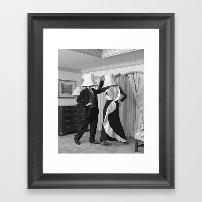 After party party animals; tipsy couple with lampshades on their heads funny humorous black and white vintage photograph - photograph - photographs Framed Art Print