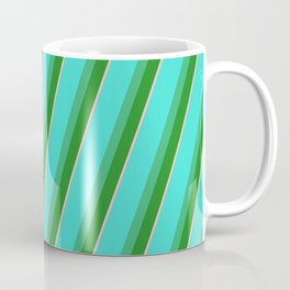 [ Thumbnail: Turquoise, Sea Green, Forest Green, and Light Pink Colored Pattern of Stripes Coffee Mug ]