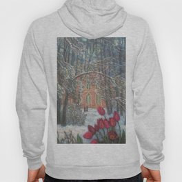 Late Winter Red Tulips in the Snow by the old Woods Houses landscape floral painting Hoody