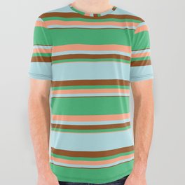 [ Thumbnail: Sea Green, Light Salmon, Powder Blue, and Brown Colored Striped/Lined Pattern All Over Graphic Tee ]