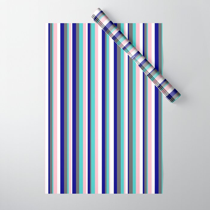 Eye-catching Dark Blue, Dim Gray, Turquoise, Pink, and White Colored Lined/Striped Pattern Wrapping Paper