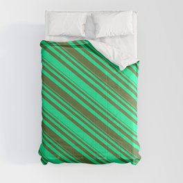 [ Thumbnail: Dark Olive Green and Green Colored Lines Pattern Comforter ]