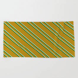 [ Thumbnail: Dark Goldenrod, Turquoise & Dark Green Colored Lines/Stripes Pattern Beach Towel ]