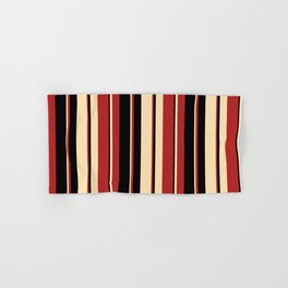[ Thumbnail: Beige, Red, and Black Colored Striped Pattern Hand & Bath Towel ]