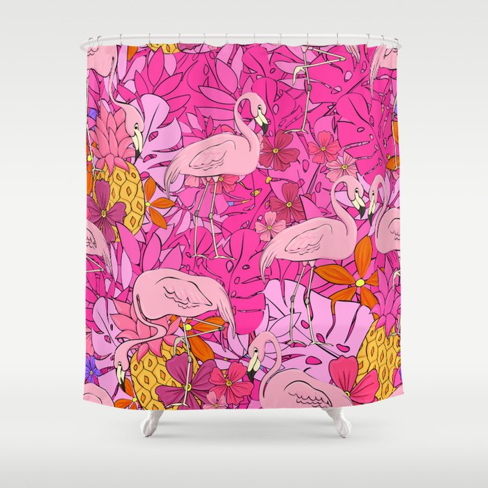 Flamingos on a background of tropical leaves and flowers. Seamless pattern. Flamingo cartoon element Shower Curtain