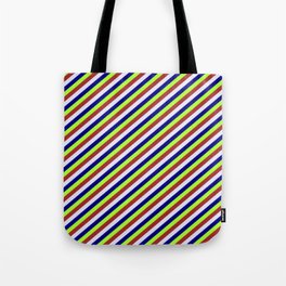 [ Thumbnail: Light Green, Brown, Lavender & Blue Colored Stripes/Lines Pattern Tote Bag ]