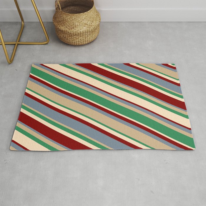 Vibrant Light Slate Gray, Tan, Sea Green, Bisque, and Maroon Colored Lines Pattern Rug