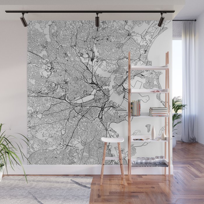 Boston White Map Wall Mural By Multiplicity Society6
