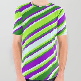 [ Thumbnail: Dark Violet, Light Cyan, Light Green & Forest Green Colored Lines Pattern All Over Graphic Tee ]