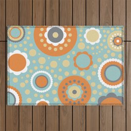 Contemporary Geometric Shapes Circles Dots and Flowers in Orange Turquoise and Gray Outdoor Rug