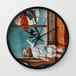 Vintage Halloween - Green Witch & Black Cat Wall Clock