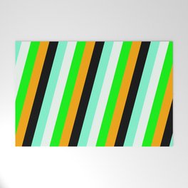 [ Thumbnail: Vibrant Lime, Orange, Black, Aquamarine & Mint Cream Colored Pattern of Stripes Welcome Mat ]