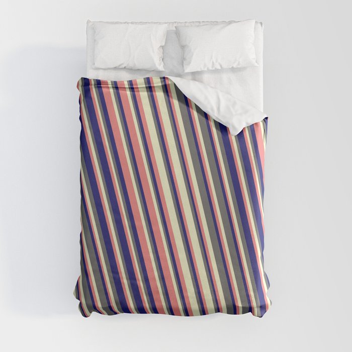 Light Coral, Midnight Blue, Dim Grey, and Light Yellow Colored Stripes Pattern Duvet Cover