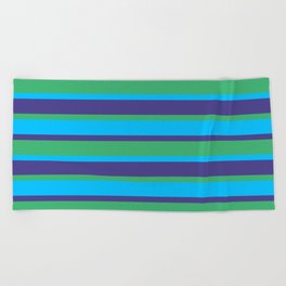 [ Thumbnail: Dark Slate Blue, Sea Green & Deep Sky Blue Colored Striped Pattern Beach Towel ]