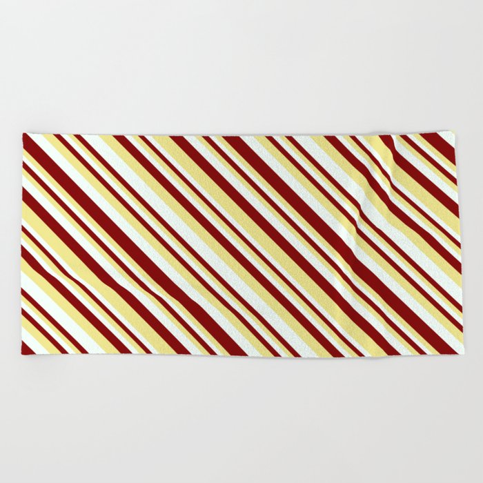 Maroon, Tan, and Mint Cream Colored Stripes Pattern Beach Towel