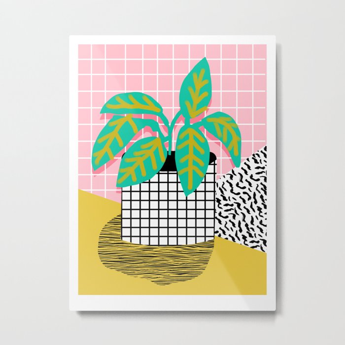 Get Real - potted plant throwback retro neon 1980s style art print minimal abstract grid lines shape Metal Print