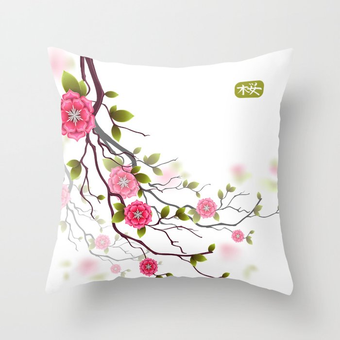 Oriental designed card with branches of cherry flowers. Hieroglyph is sakura. Chinese style. Throw Pillow