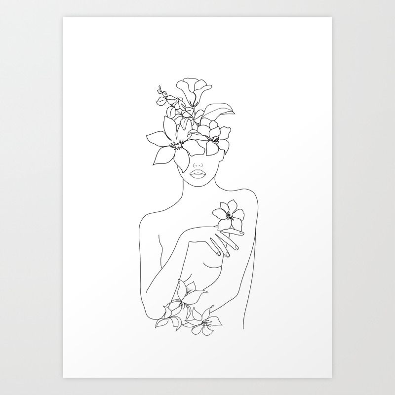 Minimal Line Art Woman With Flowers Iv Art Print By Nadja1 Society6,Man Sitting Drawing Template