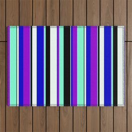 [ Thumbnail: Dark Violet, Aquamarine, Black, Mint Cream & Blue Colored Pattern of Stripes Outdoor Rug ]