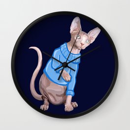 Cute Sphynx Cat with Blue Knit Sweater  Wall Clock
