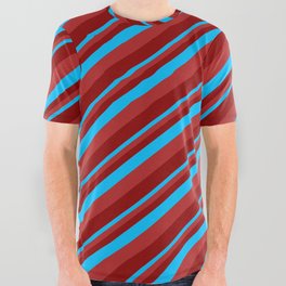 [ Thumbnail: Deep Sky Blue, Red & Dark Red Colored Lines Pattern All Over Graphic Tee ]