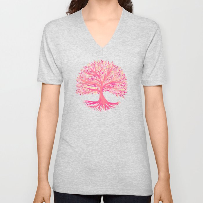 Tree of Life Watercolor – Pink V Neck T Shirt