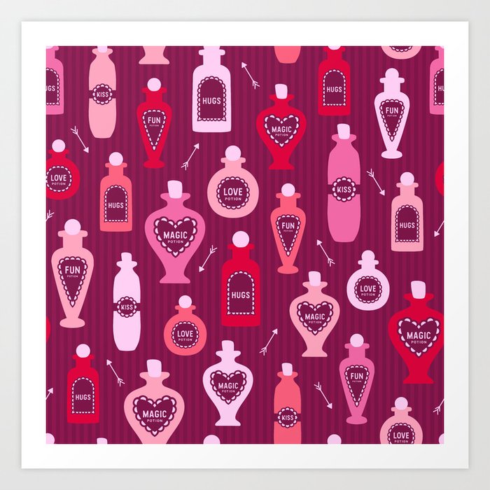 Retro Valentine's magic potion bottles burgundy pattern Art Print