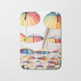Lisbon Pink Street Umbrellas - Portugal Travel Photography Bath Mat