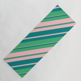 [ Thumbnail: Sea Green, Pink, and Teal Colored Stripes/Lines Pattern Yoga Mat ]