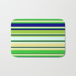 [ Thumbnail: Vibrant Green, Light Cyan, Tan, Lime Green & Blue Colored Stripes/Lines Pattern Bath Mat ]
