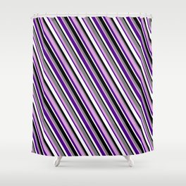[ Thumbnail: Black, Grey, Plum, Indigo, and White Colored Pattern of Stripes Shower Curtain ]