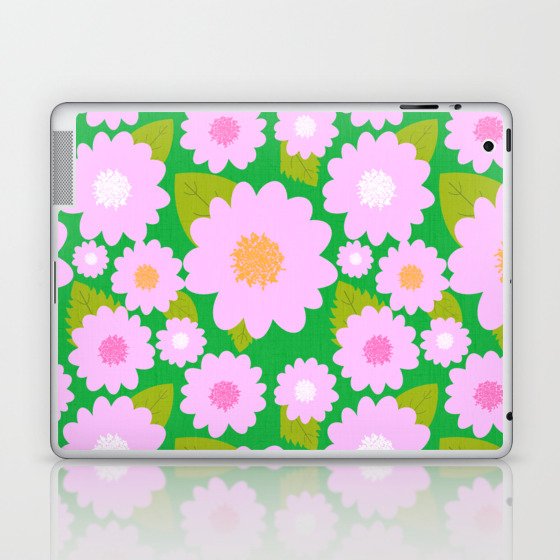 Bright Pretty Pink Summer Flowers On Kelly Green Laptop & iPad Skin