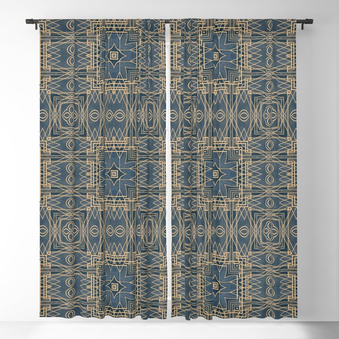 Elegant Art Deco Design Gold Lines On Navy Blue Velvet Blackout Curtain