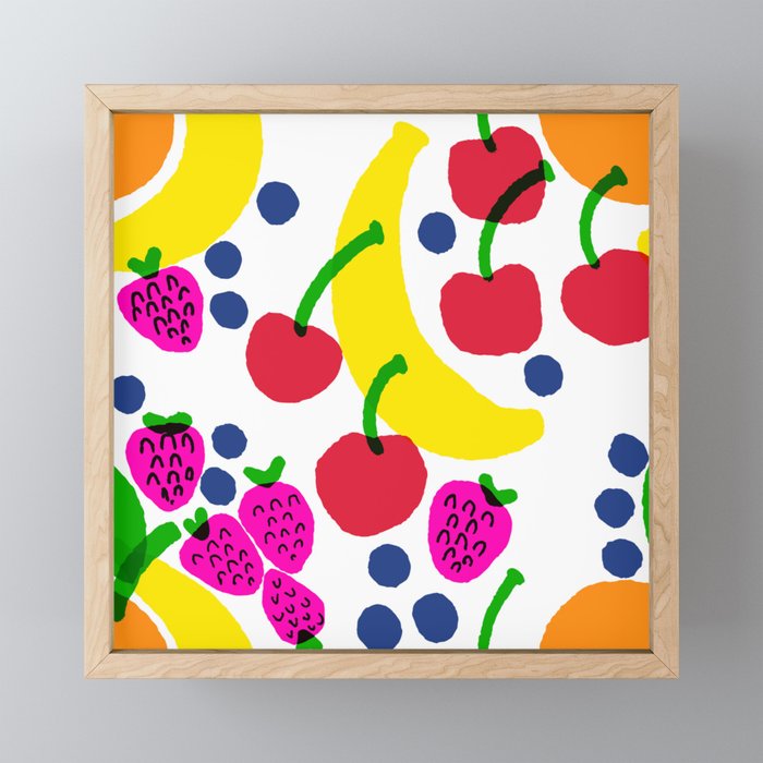 Big Fruit Bowl Mixed Banana, Strawberry, Blueberry And Cherry Pastel Polka Dot Colorful Bright Retro Modern Scandi Kitchen Foodie Wallpaper Style Design Framed Mini Art Print