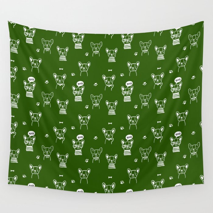 Green and White Hand Drawn Dog Puppy Pattern Wall Tapestry
