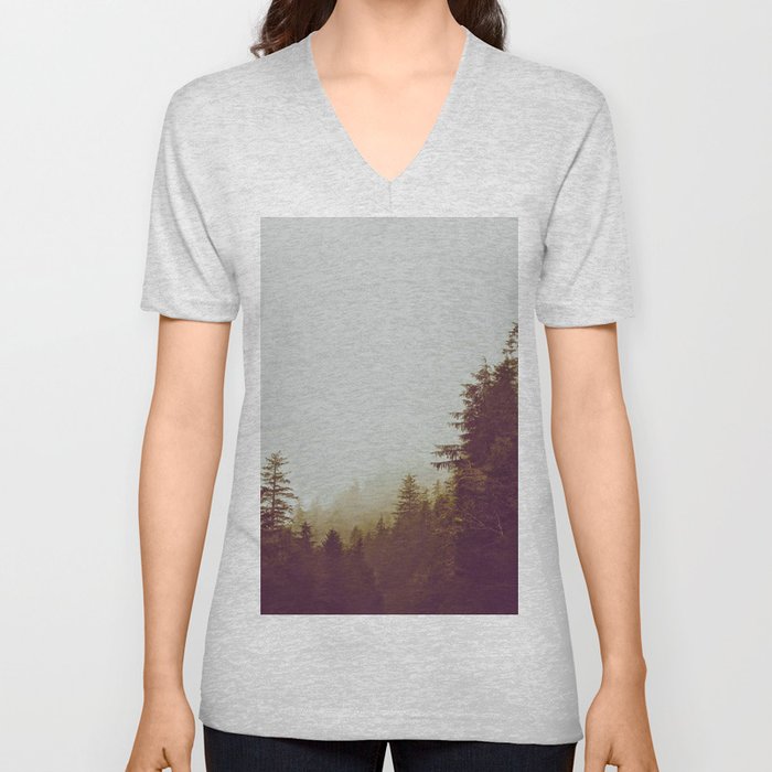 Olive Green Sepia Misty Pine Forest Landscape Photography Parallax Trees Unisex V Neck By Enshape