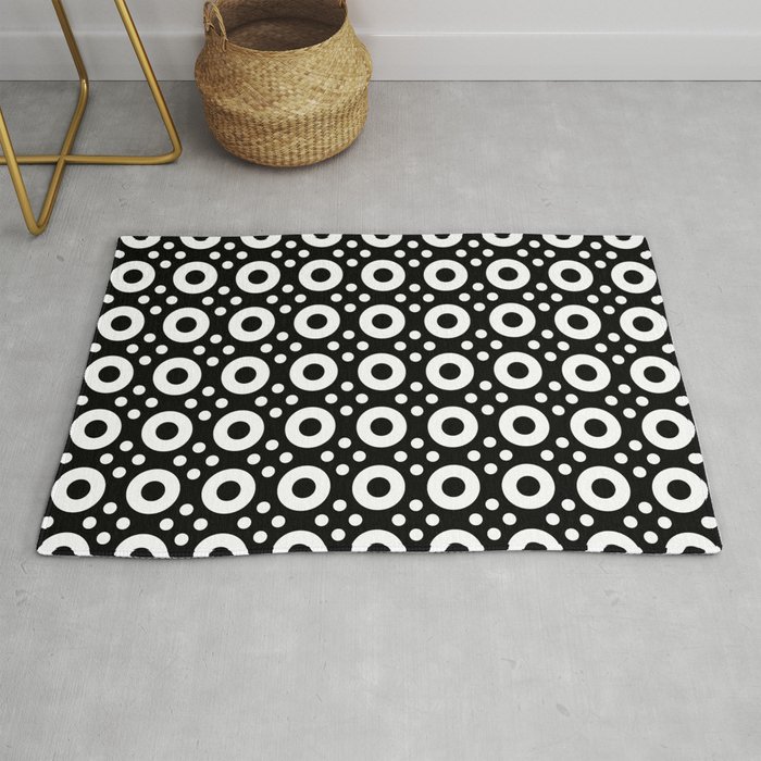 Dots & Circles 2 - White on Black Modern Abstract Repeat Pattern Rug