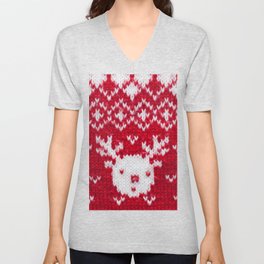 Red and white wool knit Christmas sweater pattern  Unisex V-Neck