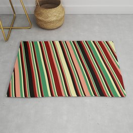 [ Thumbnail: Vibrant Pale Goldenrod, Sea Green, Dark Salmon, Maroon, and Black Colored Striped Pattern Rug ]