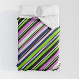 [ Thumbnail: Midnight Blue, Green, Black, Orchid & White Colored Stripes Pattern Duvet Cover ]