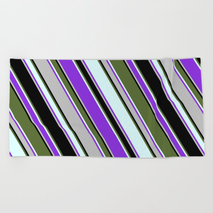 Colorful Dark Olive Green, Light Cyan, Purple, Grey, and Black Colored Lined/Striped Pattern Beach Towel
