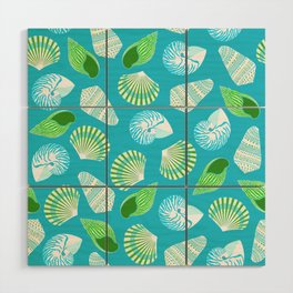 Lime Green Mix Shell Pattern on Blue Background Wood Wall Art