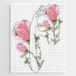 Woman with Flowers Abstract Line Art Jigsaw Puzzle