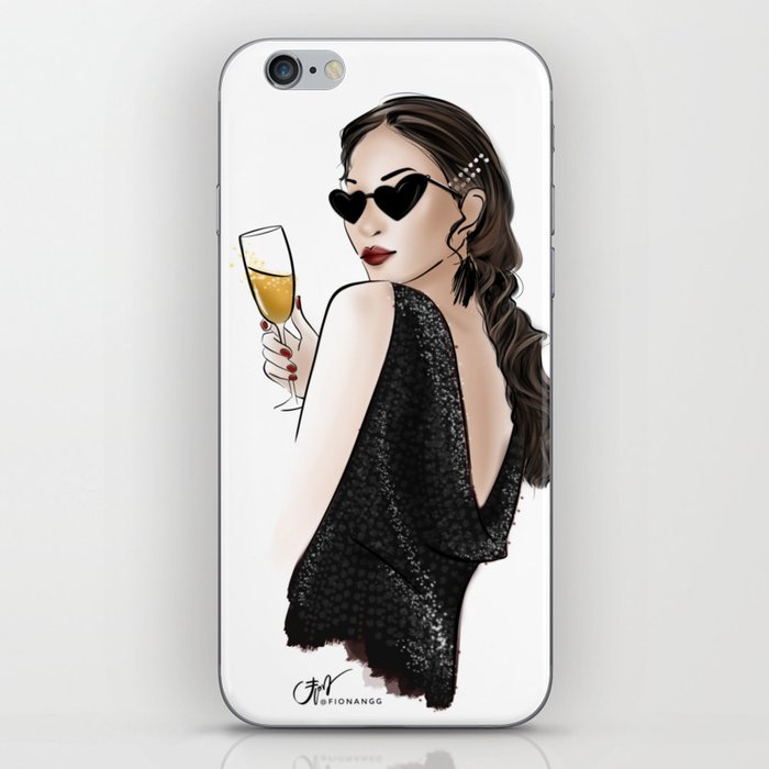 girl cheering with champagne wearing trendy hair pins iPhone Skin
