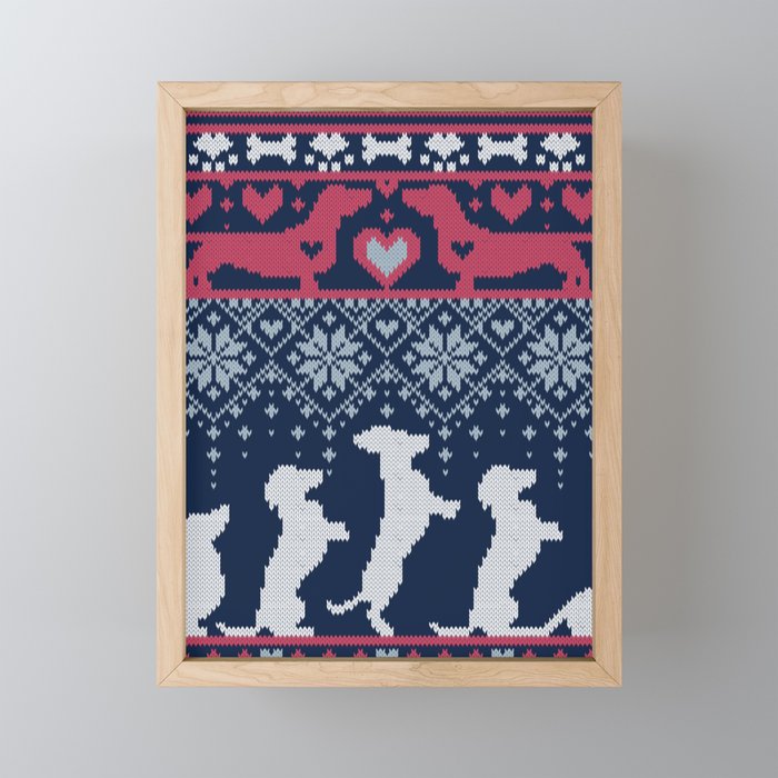 Fair Isle Knitting Doxie Love // navy blue background white and red dachshunds dogs bones paws and hearts Framed Mini Art Print